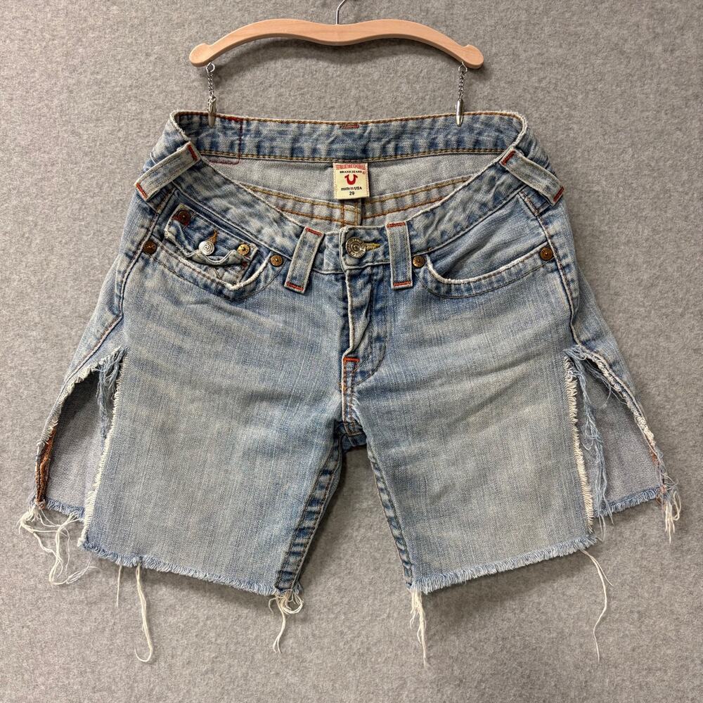 True Religion Joey Cutoff Denim Shorts Women 29 Low Rise Distressed USA